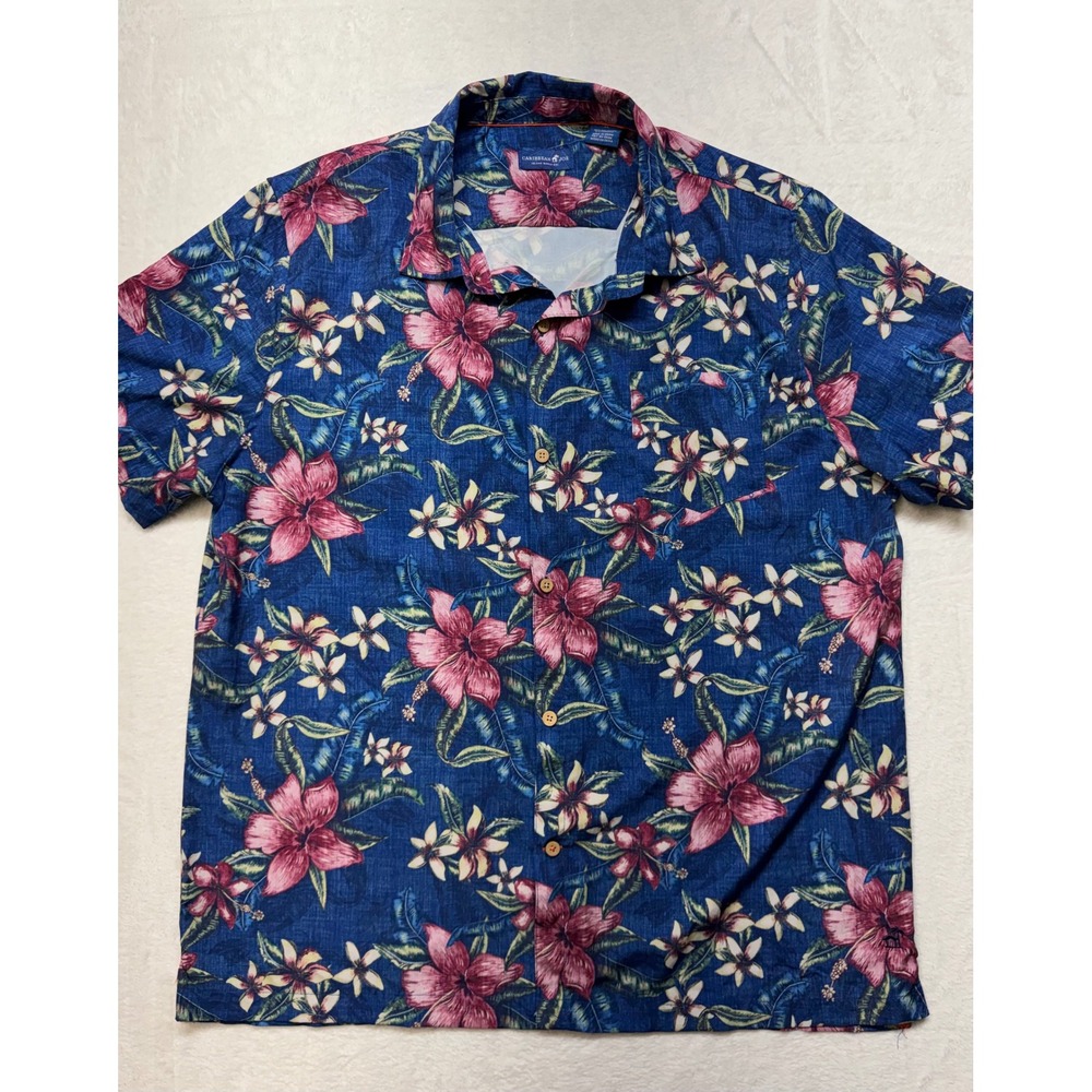 Caribbean Joe Mens XL Blue Tropical Floral Short Sleeve Button Down Shirt